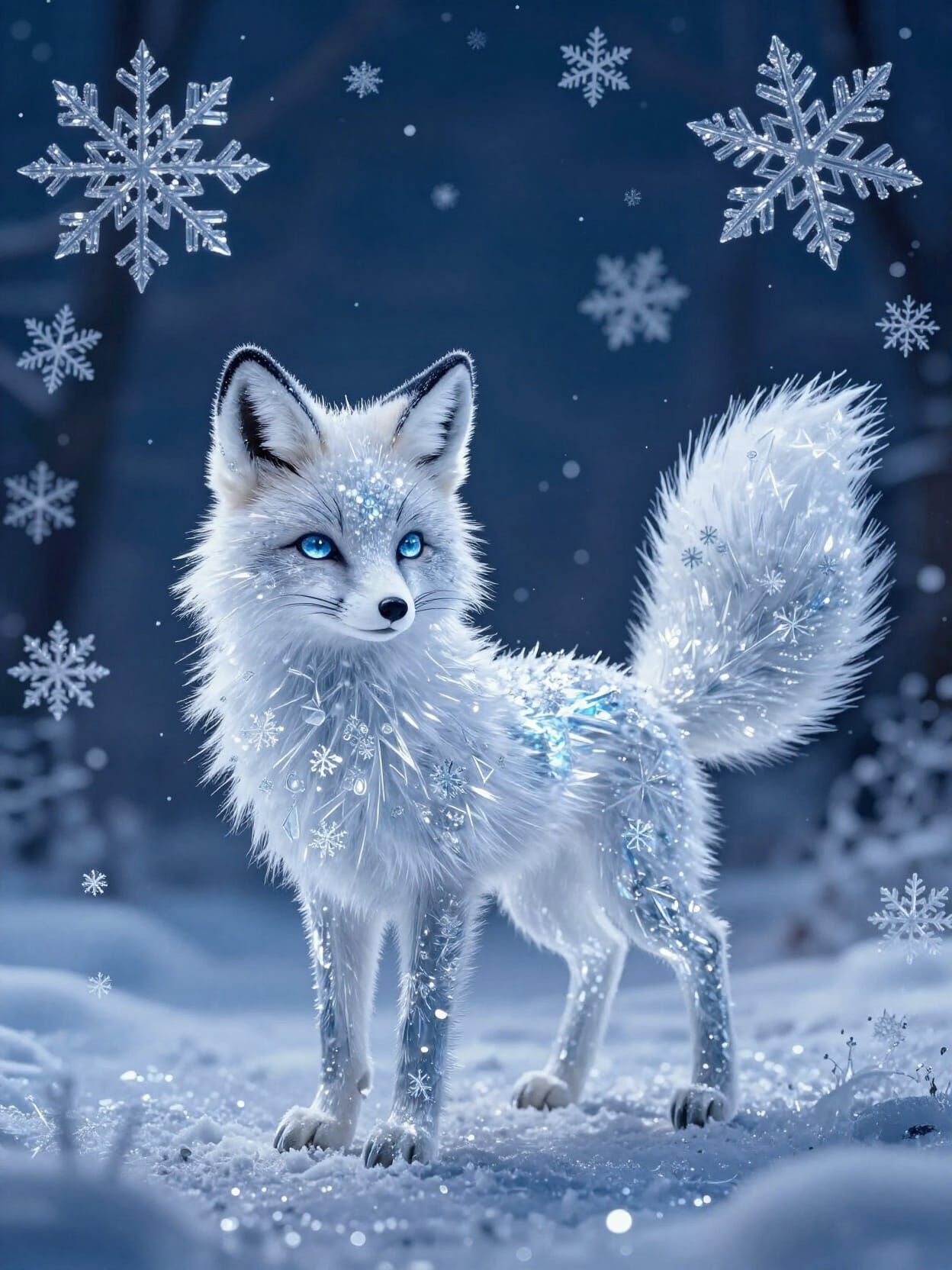Magical Snowflake Fox in Winter Night