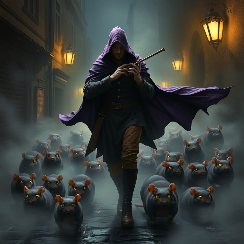 The Dark Fantasy Pied Piper of Hamlin in Art Nouveau Cyberpu...