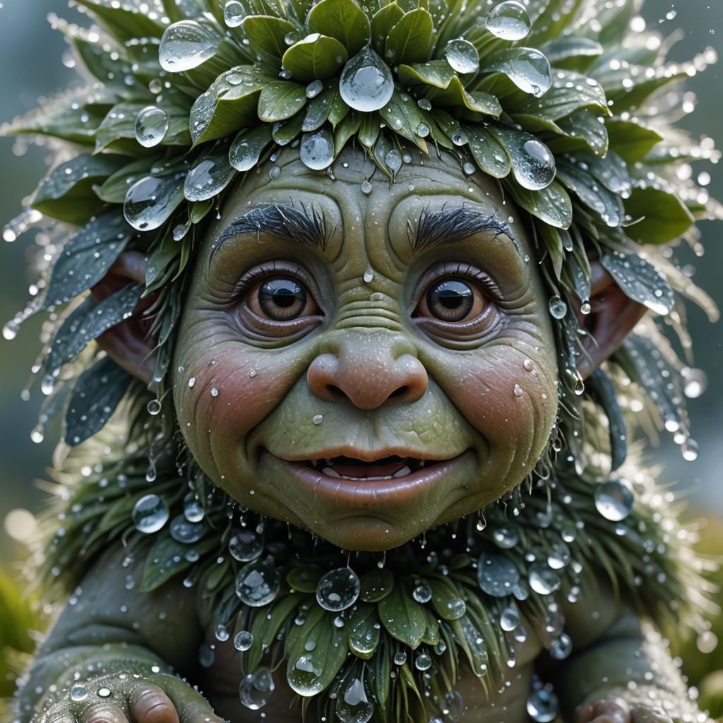 Baby Norwegian Troll with Dewdrops as 3D Digital Art