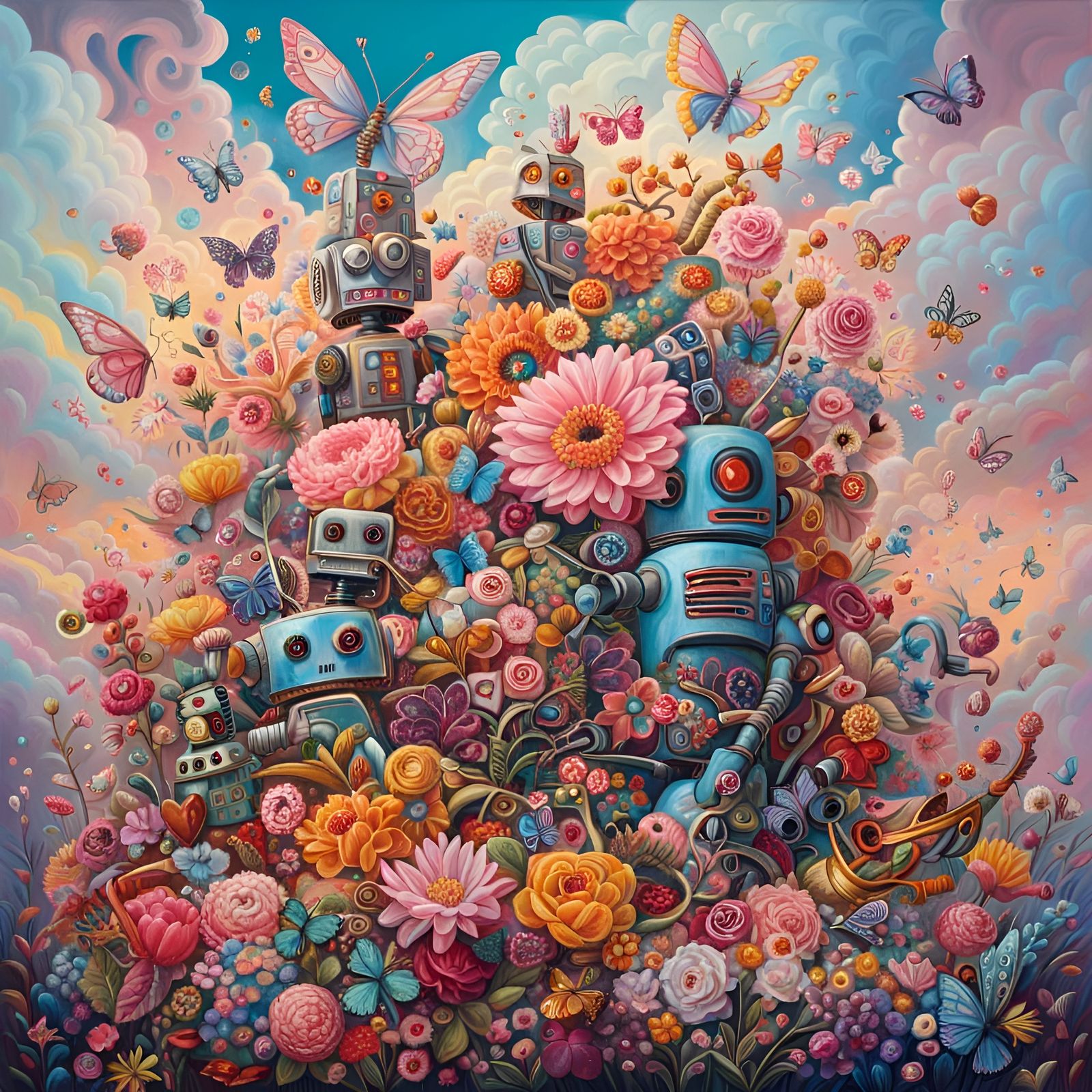 Colorful Pastel Robots and Flowers in Maximalist Painting