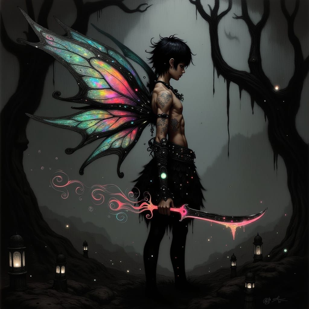 Dark Fantasy Fae Warrior in Vibrant, Iridescent Armor