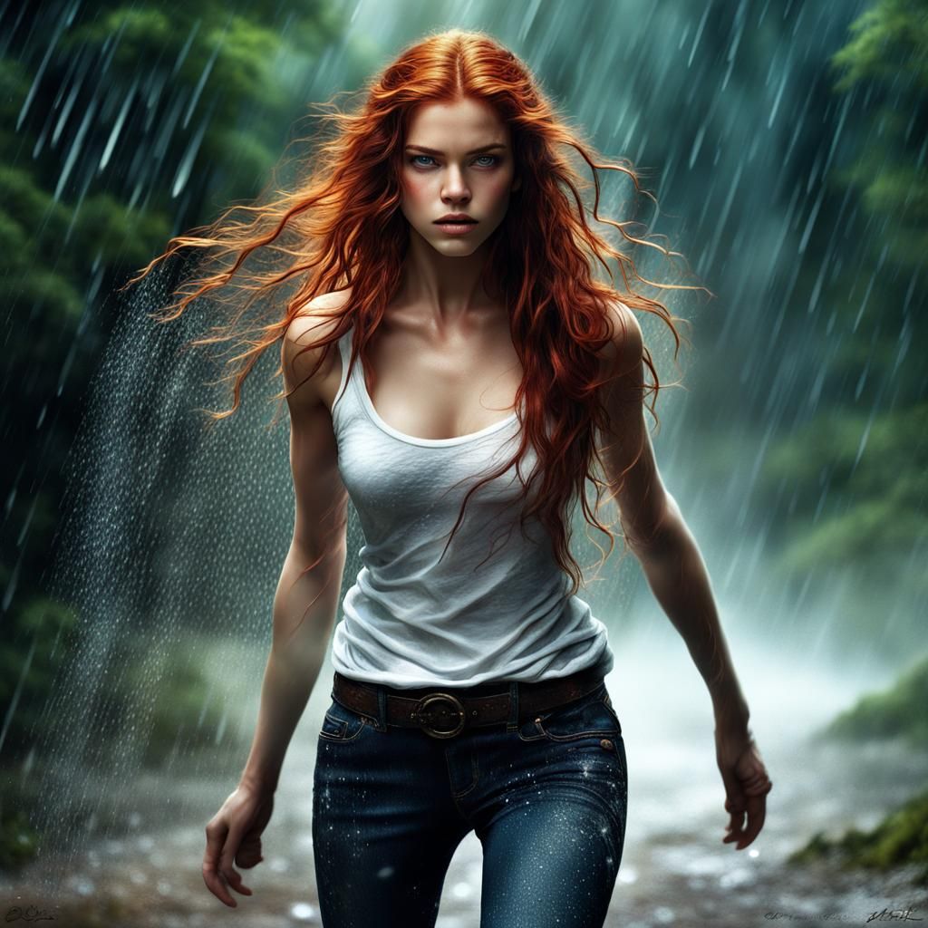 Redhead in Rainy Forest: Hyperrealistic Portrait