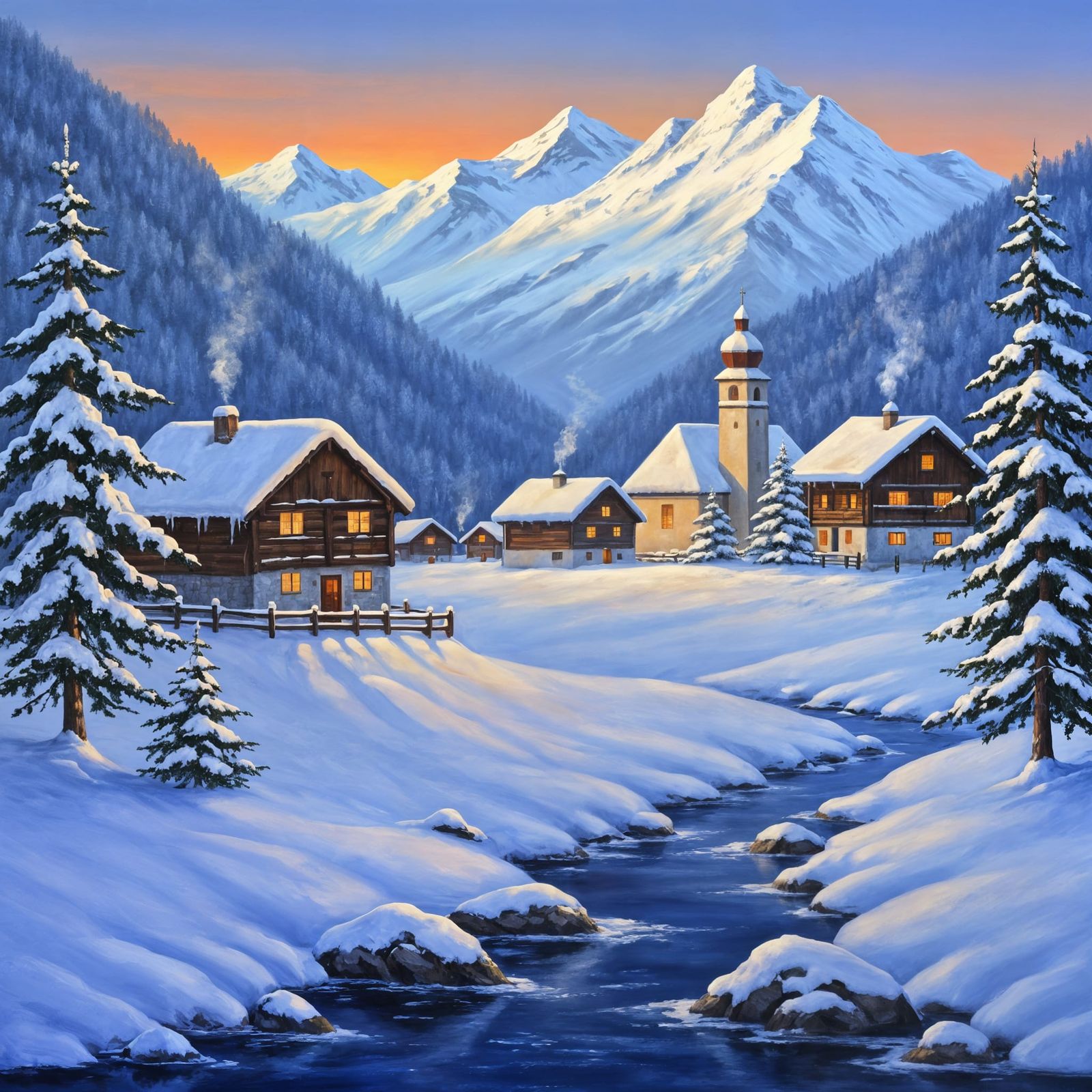 Bob Ross Style Swiss Village Oil Painting at Twilight