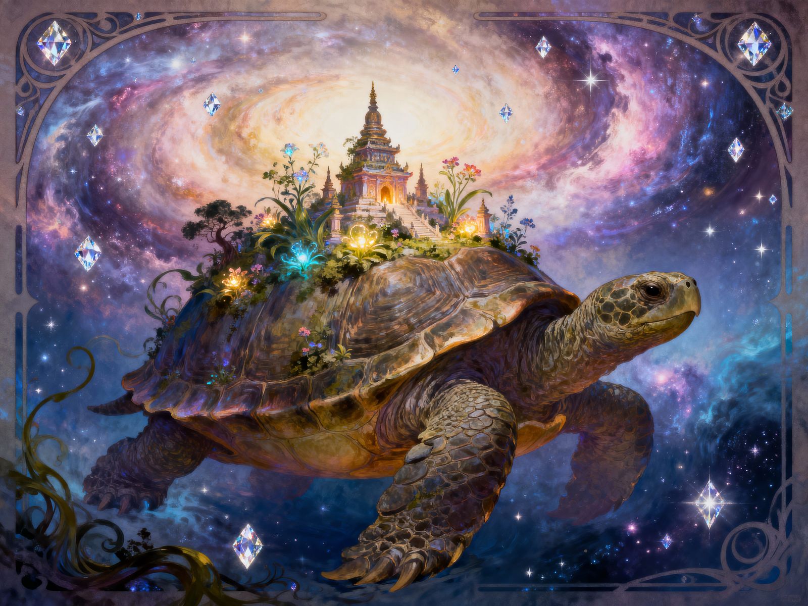 Ancient Cosmic Tortoise with Temple in Nebula, Art Nouveau S...