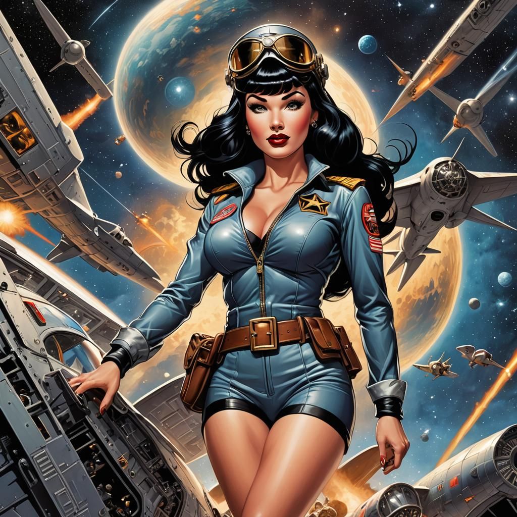 Bettie Page Pilots Starship in Retro Comic Style