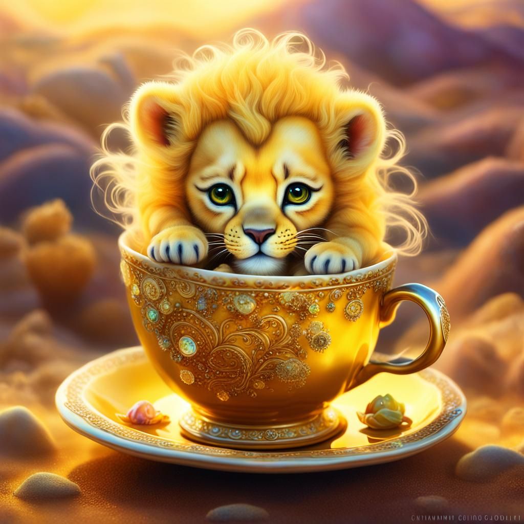 Surreal Airbrush Art: Lion Cub in Teacup
