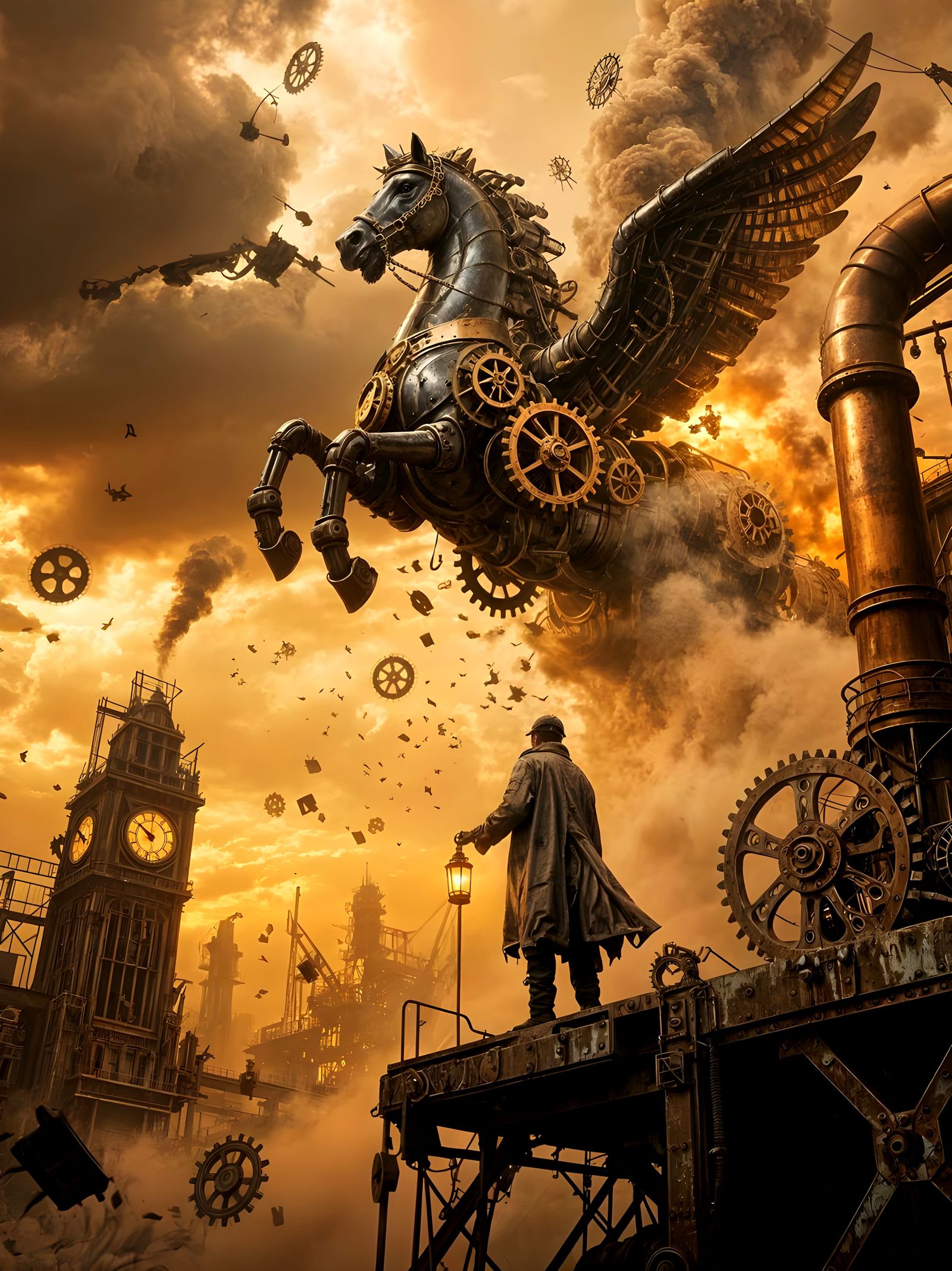 Steampunk Engine Forging a Winged Iron Horse