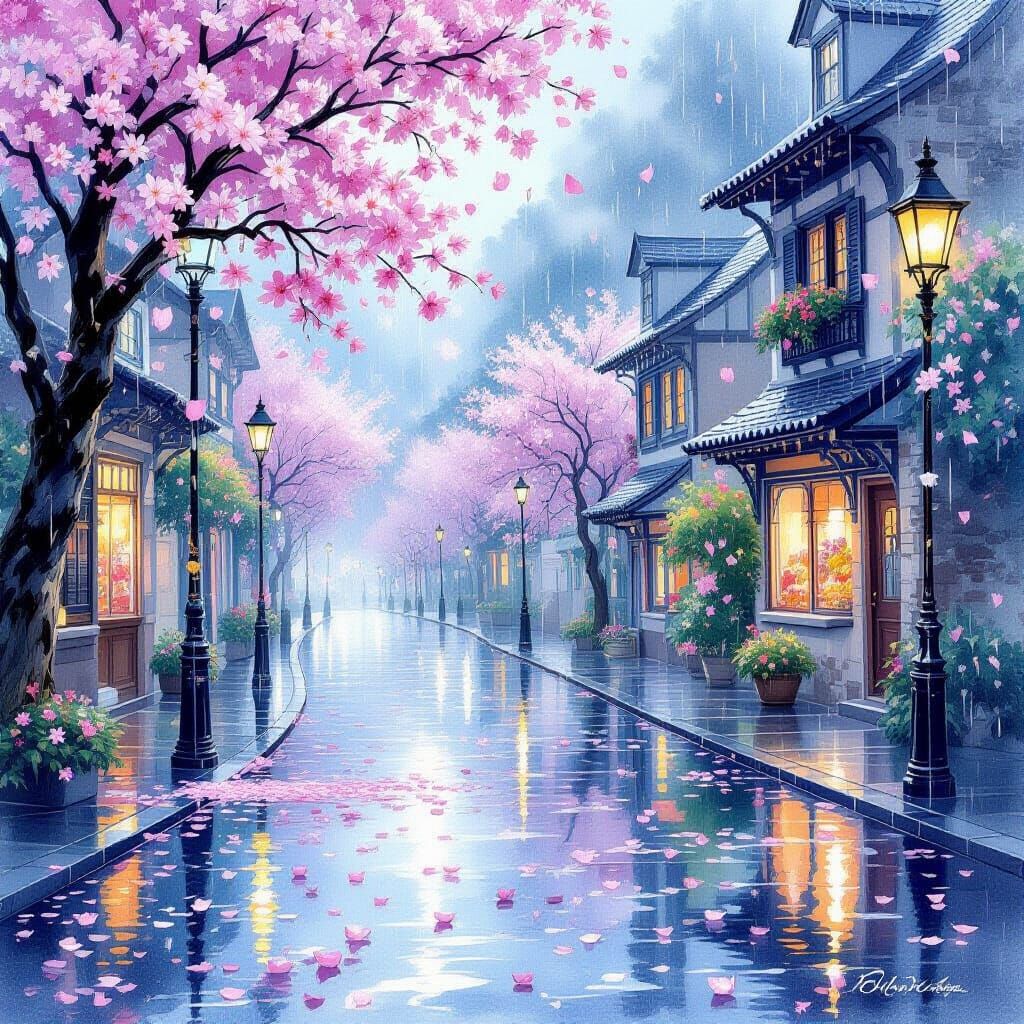 Ethereal Flower Rain Street Scene in Luminous Light