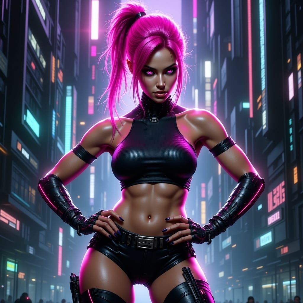 Powerful Cyberpunk Woman with Pink Hair