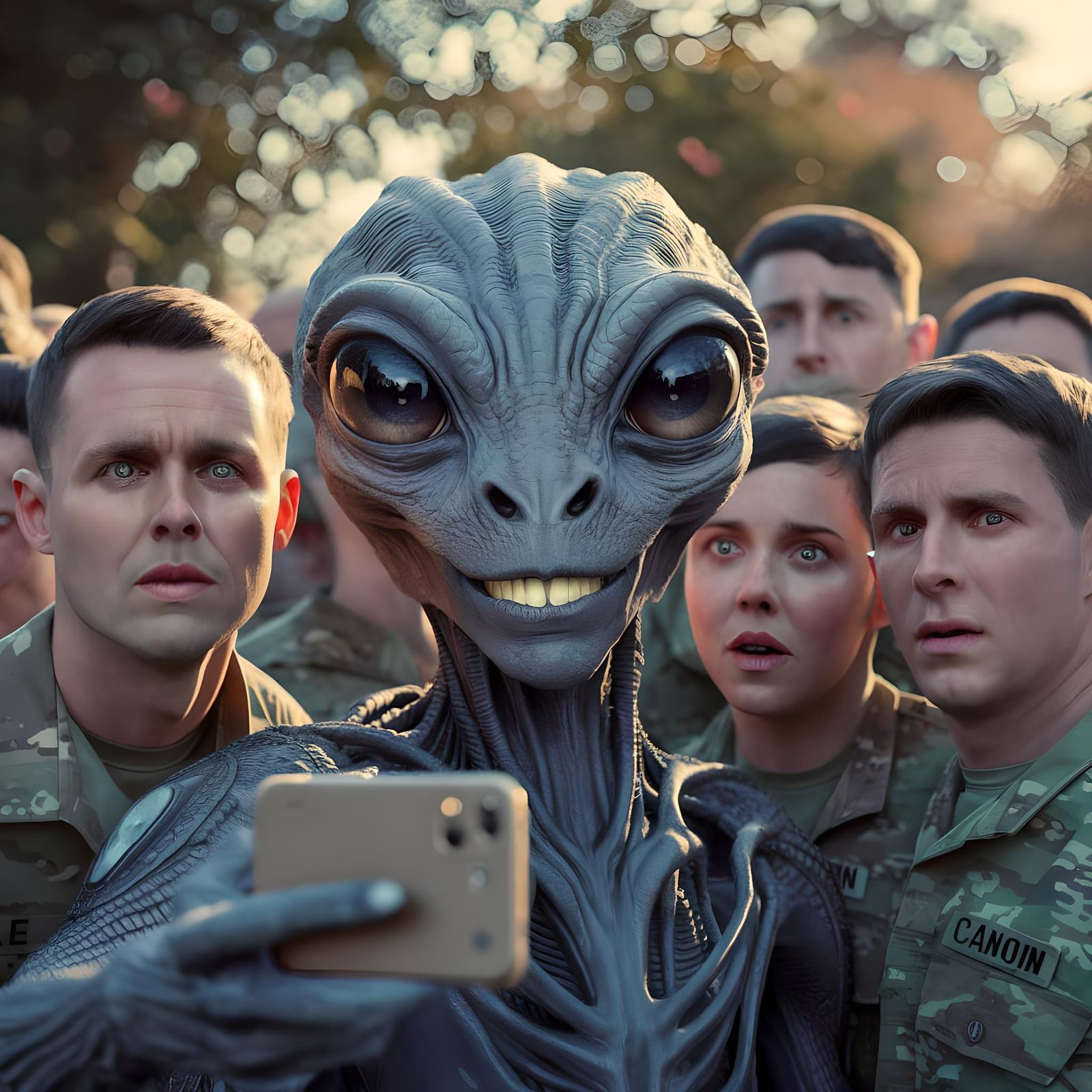Surreal Alien Selfie with American Soldiers in Bokeh Effect