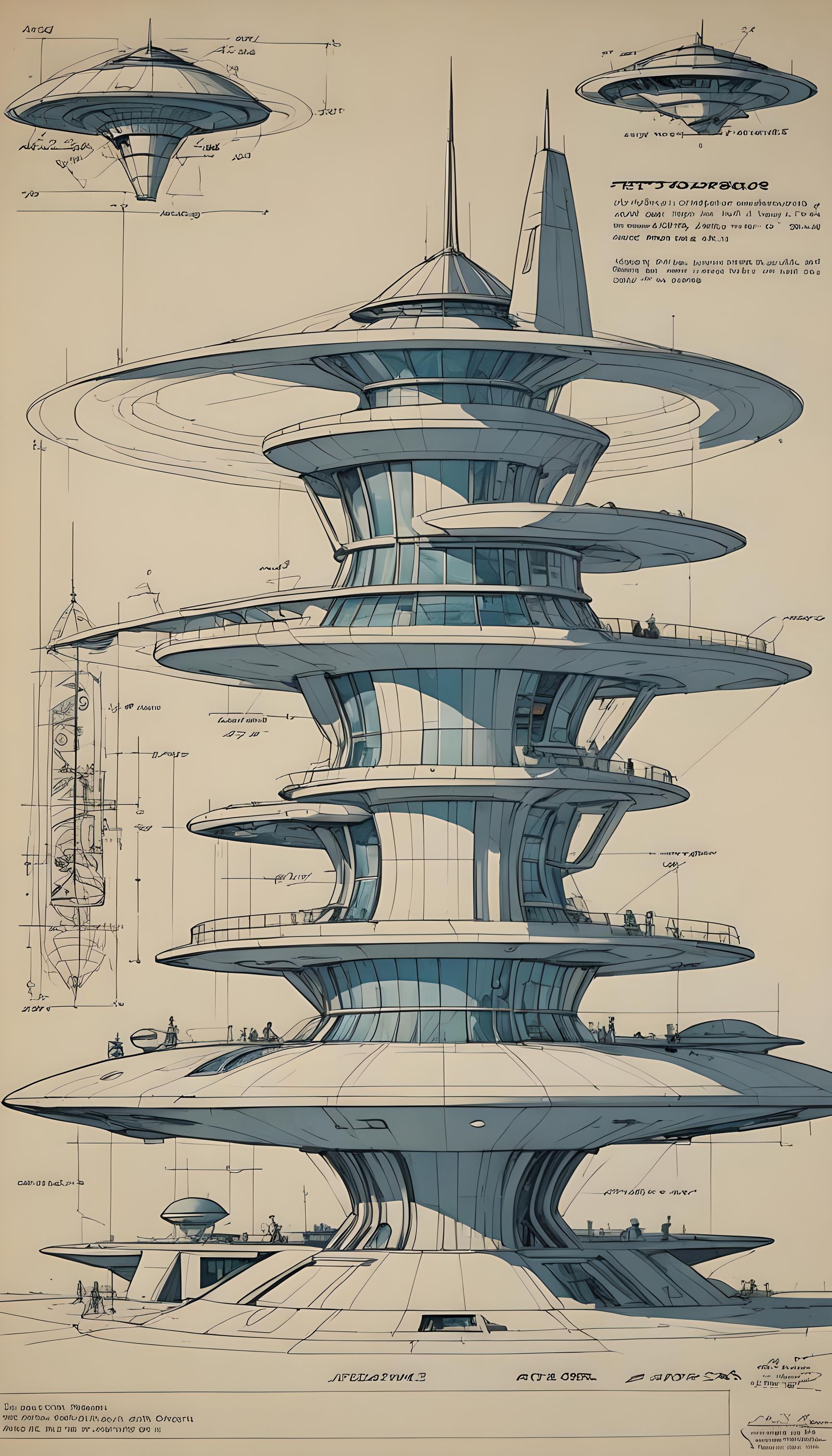 Space age building, skylights, transport landing pads, side view, engineering drawing, specification notes, blueprints