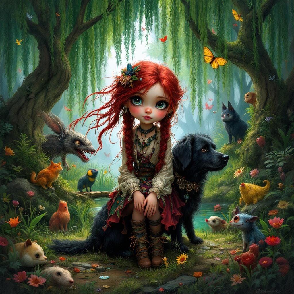 A whimsical oil painting of a little bohemian red hair girl in a burgundy fairy hair in pigtails, with her scruffy black...