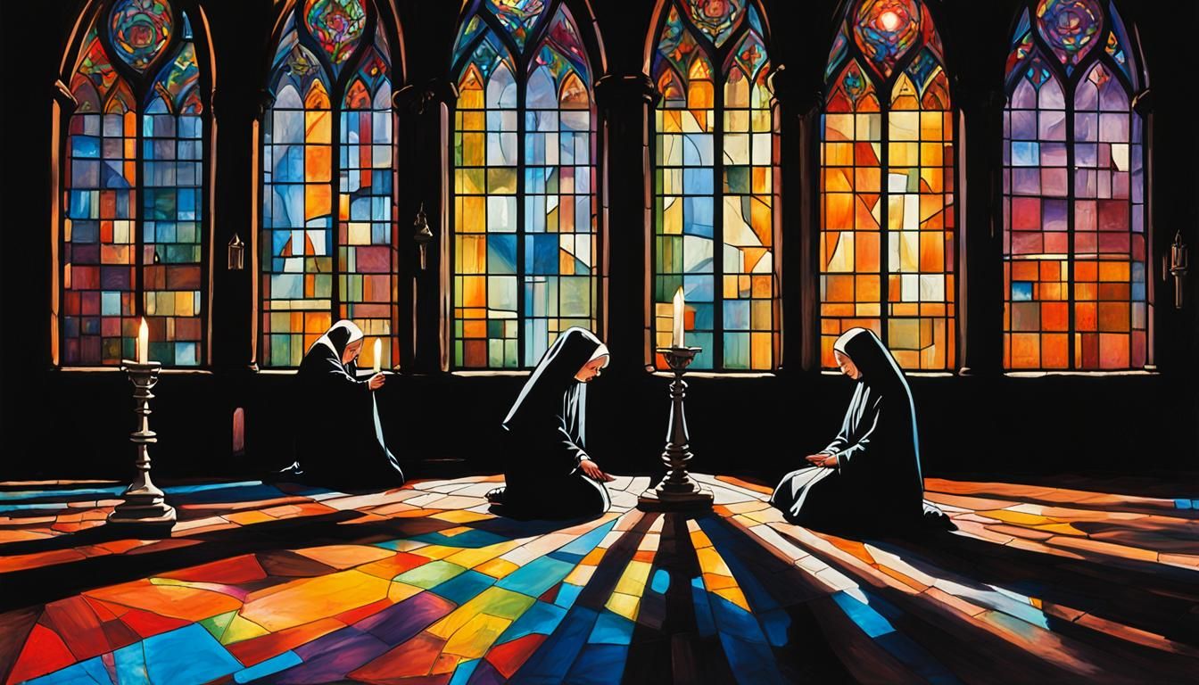 Nuns Praying in Gothic Church, Graffiti Art Style