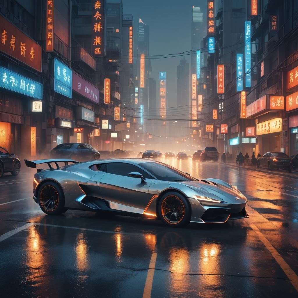 Sleek Car Speeds Through Neon Chinese City