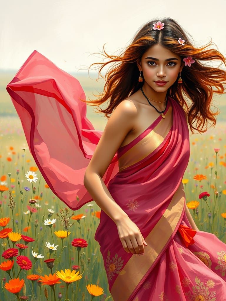 A young Indian woman with flowing auburn hair, adorned with ...