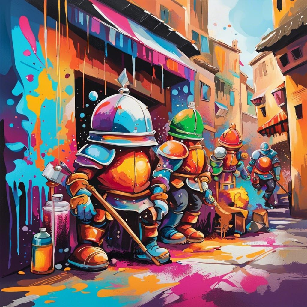 Graffiti Art of Knights and Merchants in Marketplace