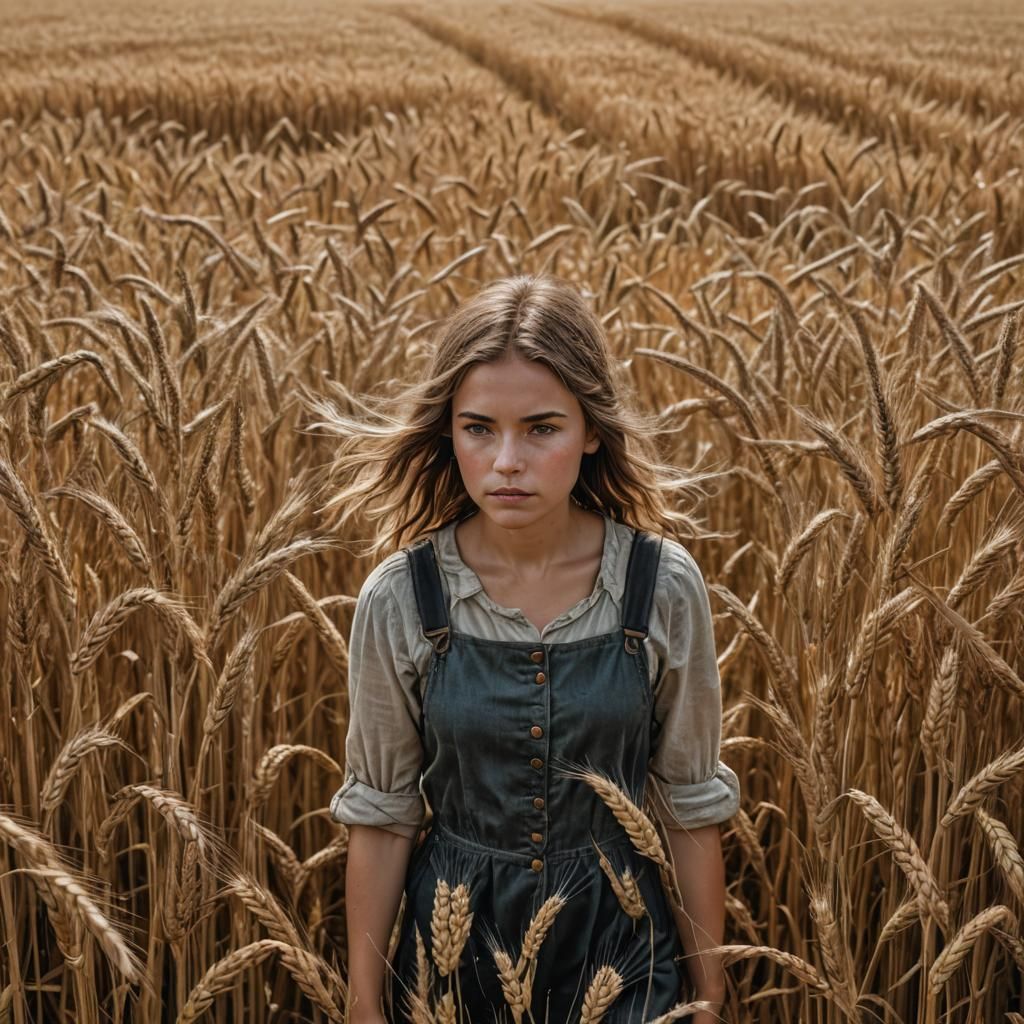 Hyperrealistic Girl Walking Through Wheat Field