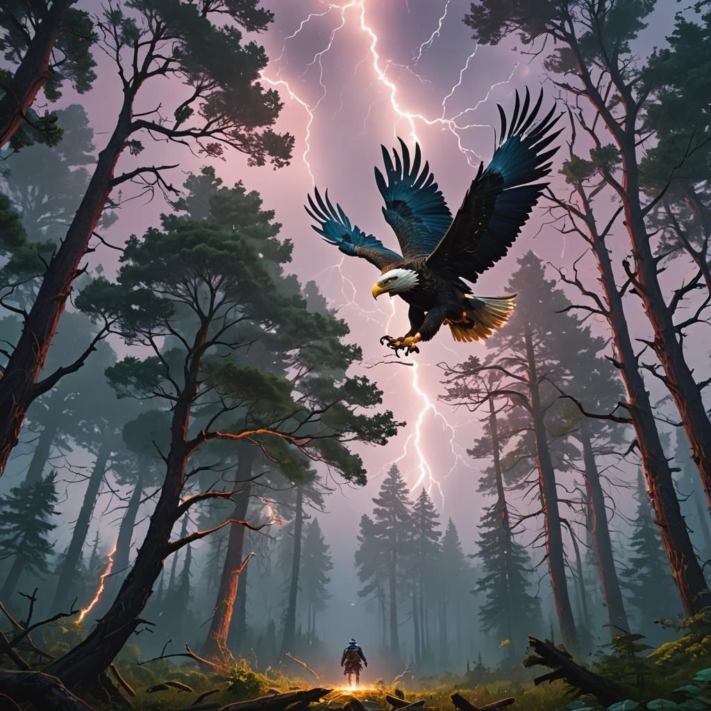 Eagle Soaring Through Stormy Ancient Forest