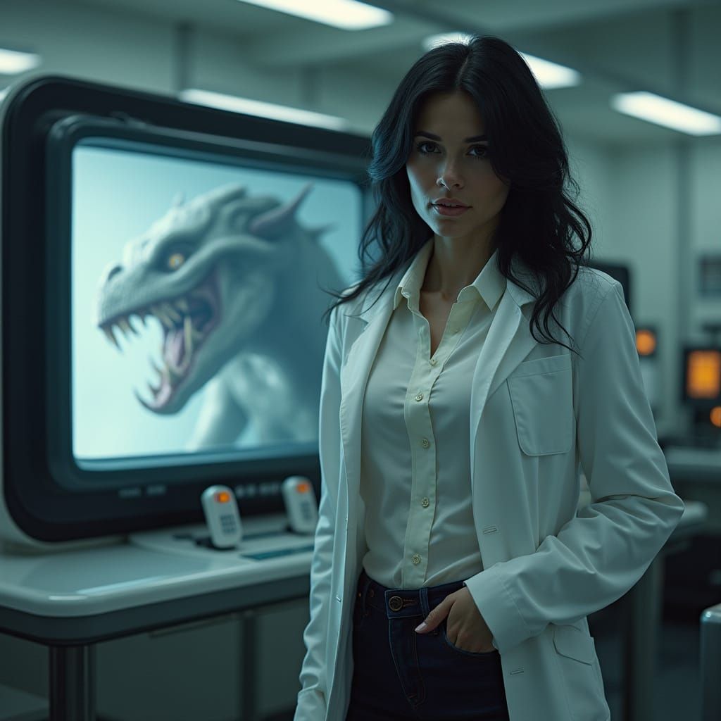 Hyper Realistic Woman in High-Tech Lab with Creature