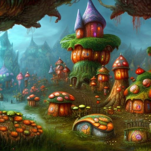 Mushroompunk Fairy Village in Detailed Matte Painting