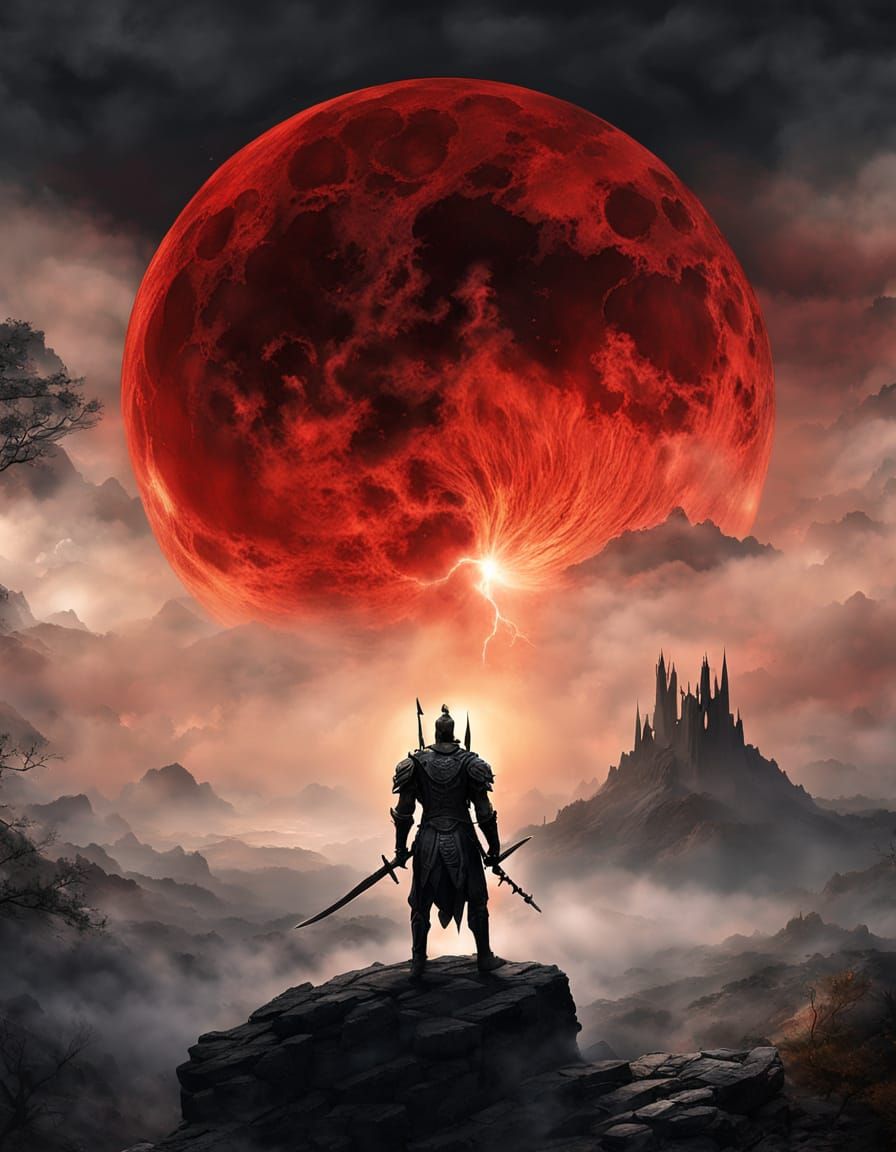 Warrior on Cliff in Ethereal Battlefield