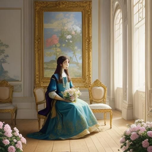 Elegant Woman in Ornate Room: An Impressionistic Oil Paintin...