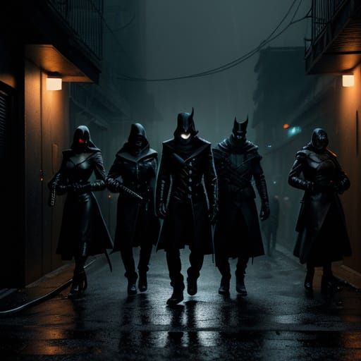 Gritty Film Noir Scene of Masked Figures in Alley