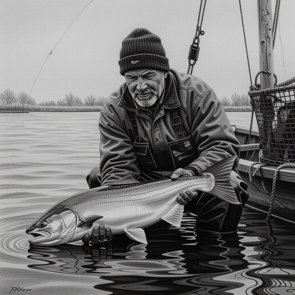 Fisherman with Biggest Catch, Black and White Charcoal Drawi...