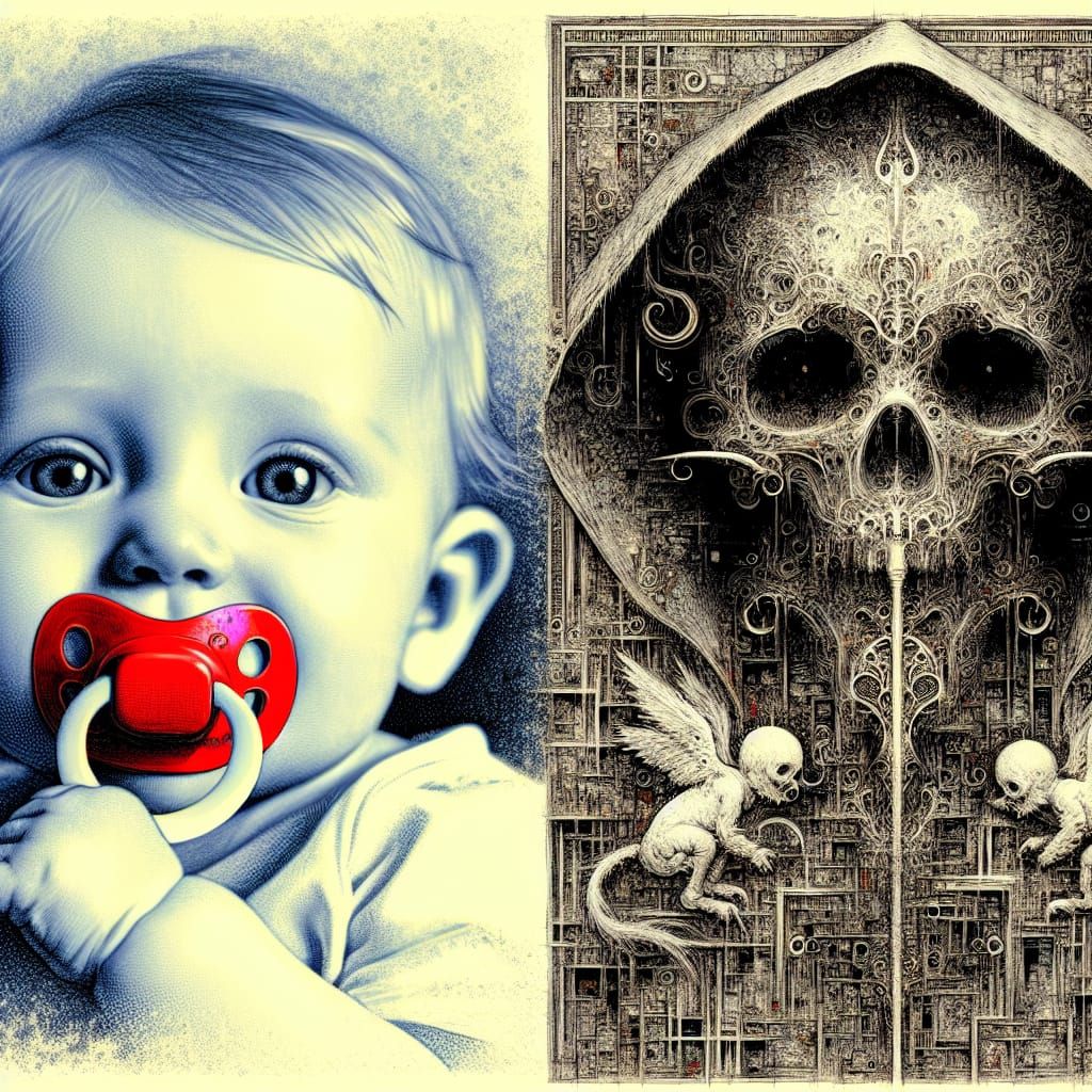 Grim Reaper Baby Portrait in Biopunk Style