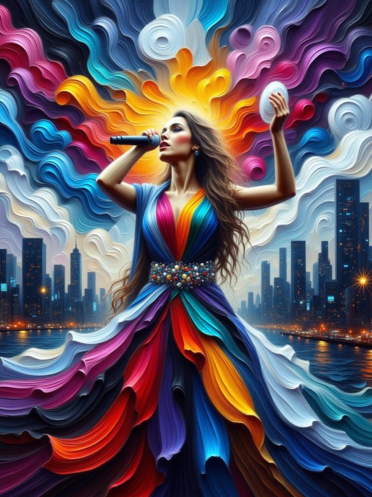Vibrant Singer Swept Away by Music in Impasto Style