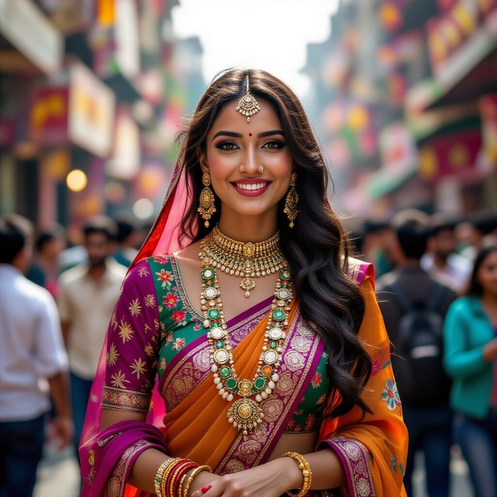 Indian Woman at Delhi Festival in Photorealistic Style
