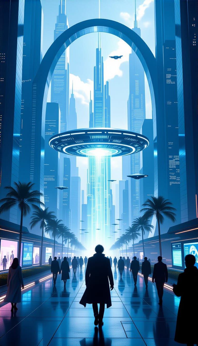 Futuristic Cityscape with Energy Platform in Blue Light