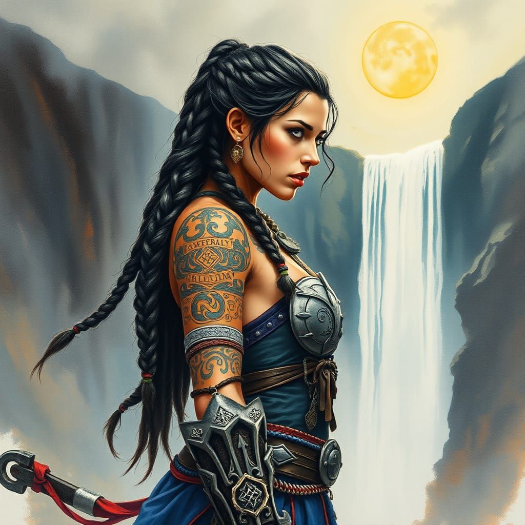 Latina Warrioress in Moonlit Waterfall Scene
