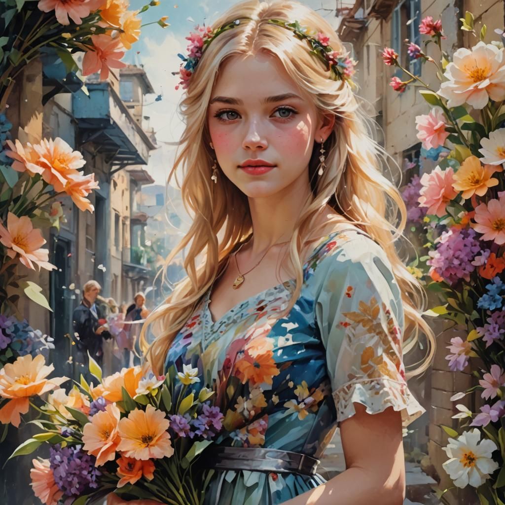 Girl with Flower Bouquet in Candy Art Style