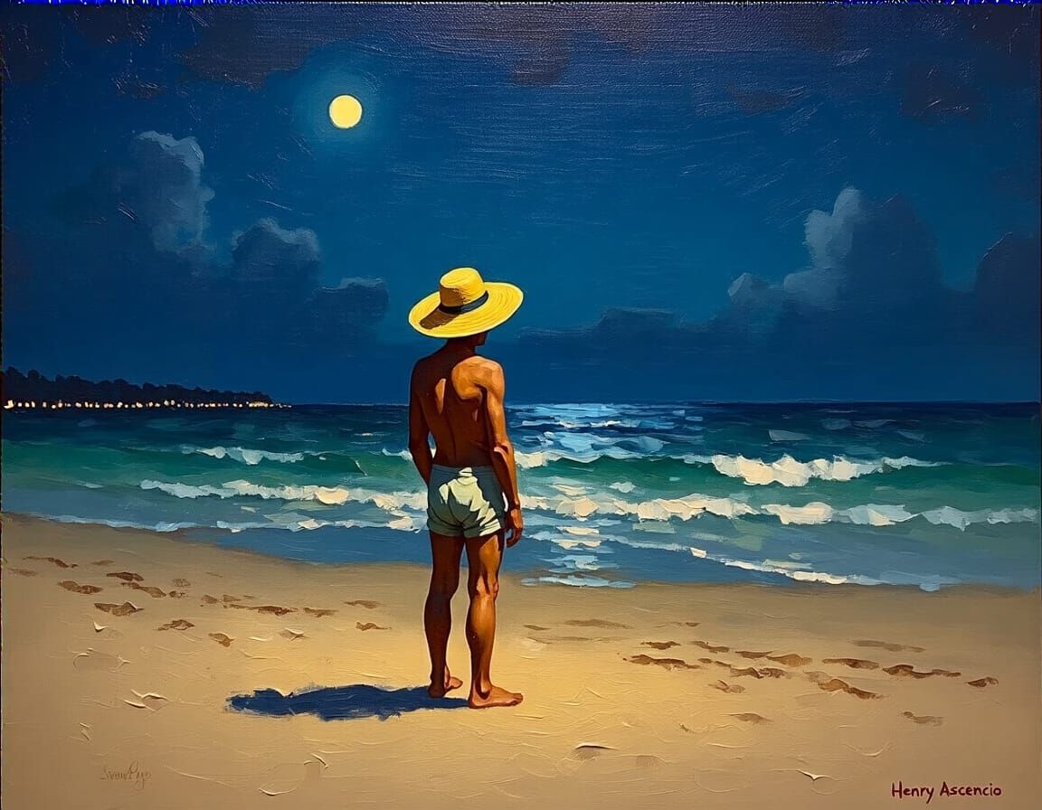 Nighttime Beach Scene as Oil Painting