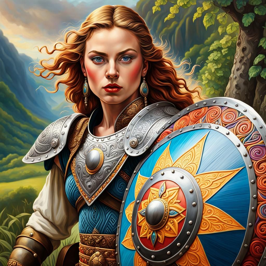 (((Viking warrior holding a colorful shield ))) , Zentangle Tamara de Lempicka in the style of Louis Wain. Background la...