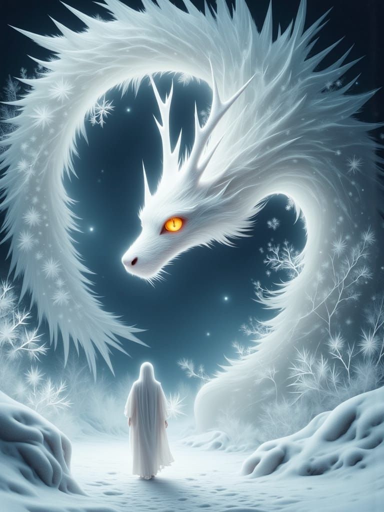 Ethereal Winter Landscape with Majestic Dragon and Lone Figu...