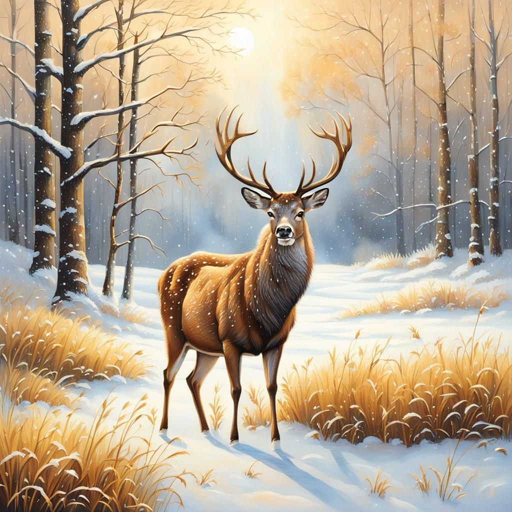 Winter Deer in Golden Light with Frosty Landscape