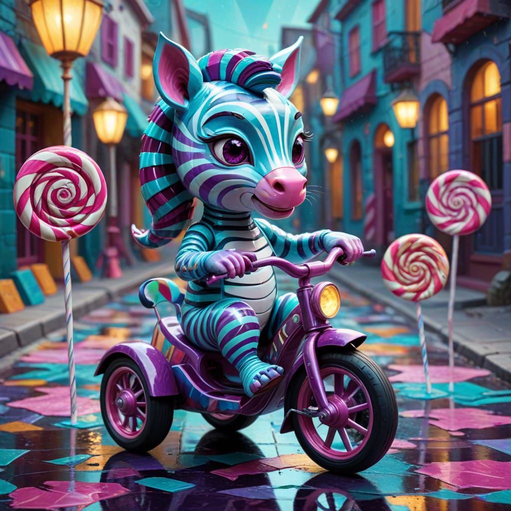Chibi Zebra Rides Tricycle Through Candy Land
