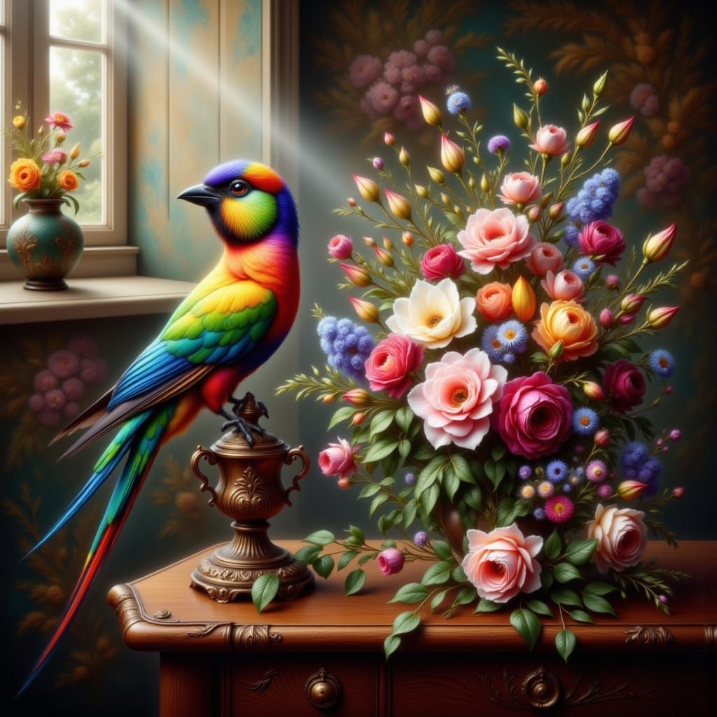 Exotic Bird and Roses on Mahogany Table