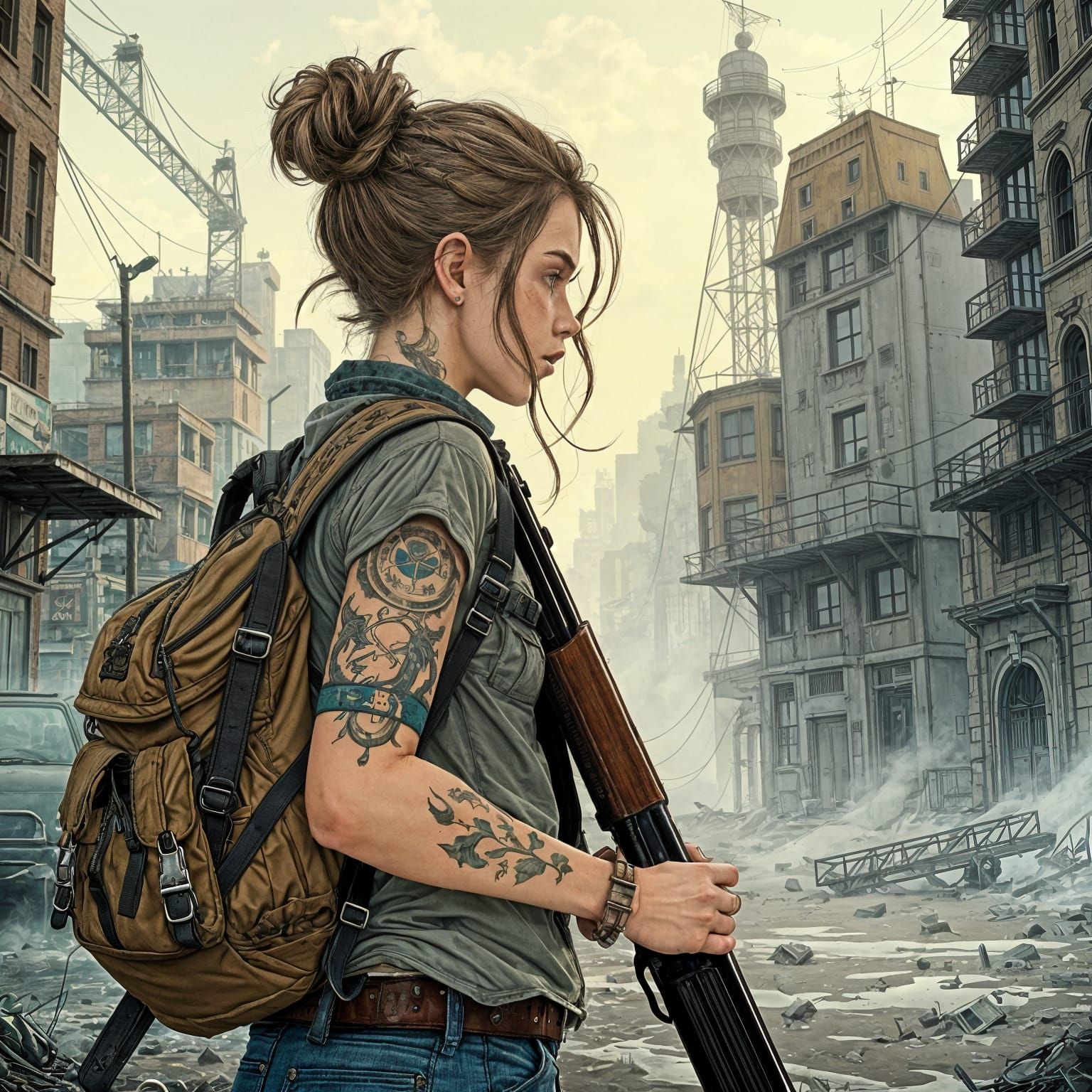 Waif-Like Survivor Emerges from Ruins in Morning Mist