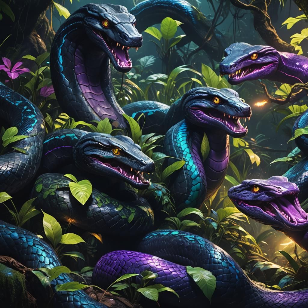 Five Black Anacondas in Neon Fantasy Jungle
