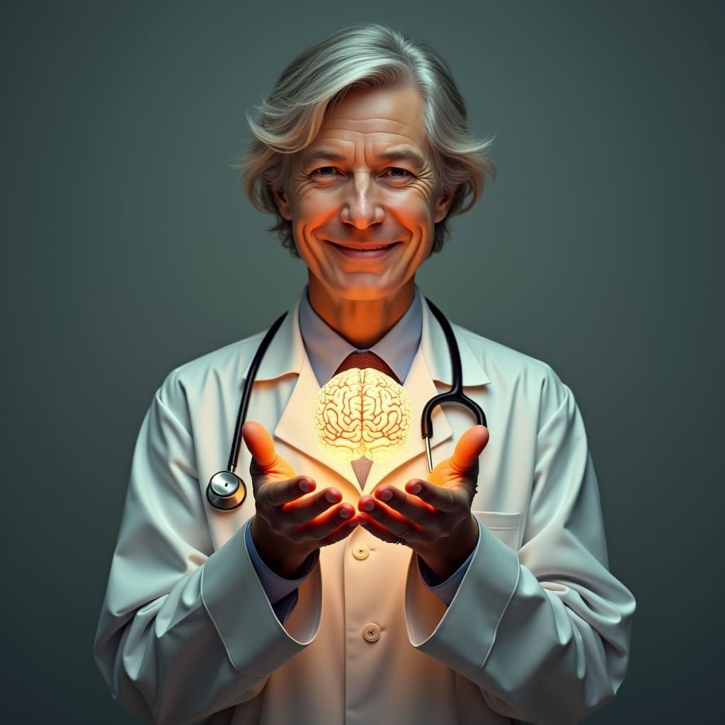 Psychiatrist with Glowing Brain in Surreal Pop Art