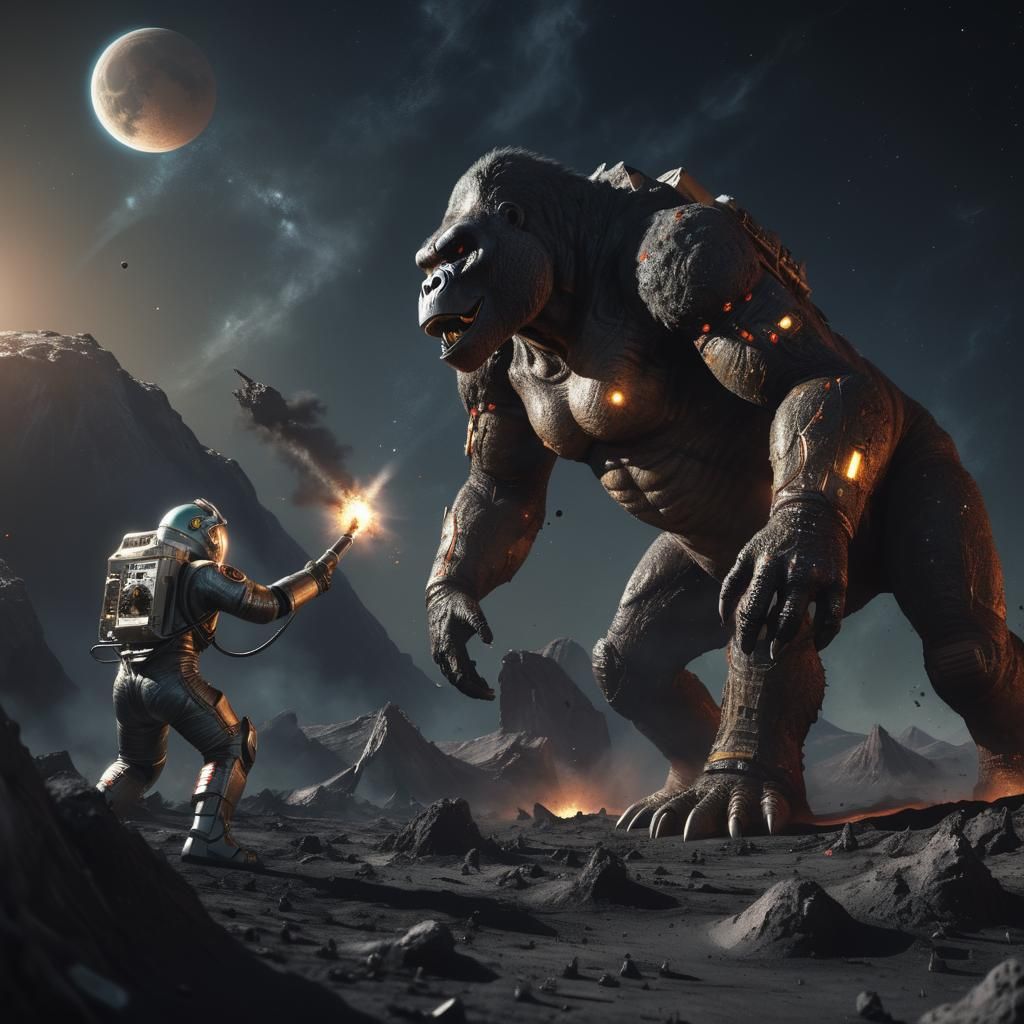 Cyborg Dinosaur Gorilla Battle on the Moon