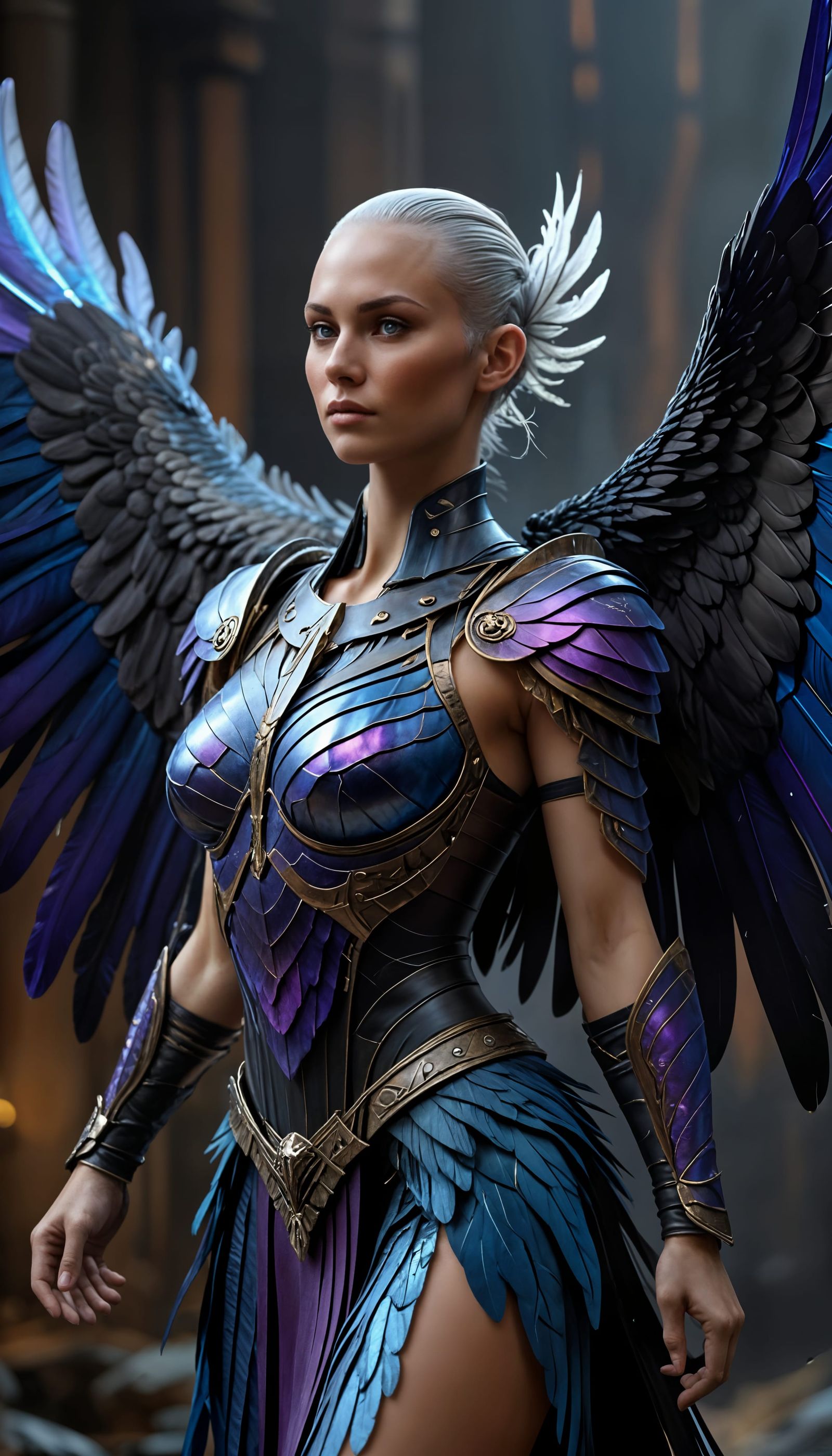 Winged Woman Warrior with Iridescent Feathers