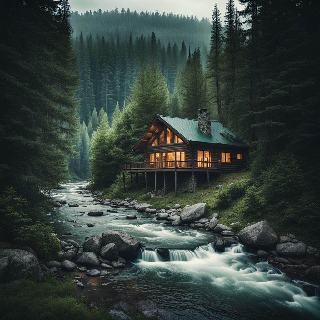 Secluded Cabin Overlooking River in Cinematic Style