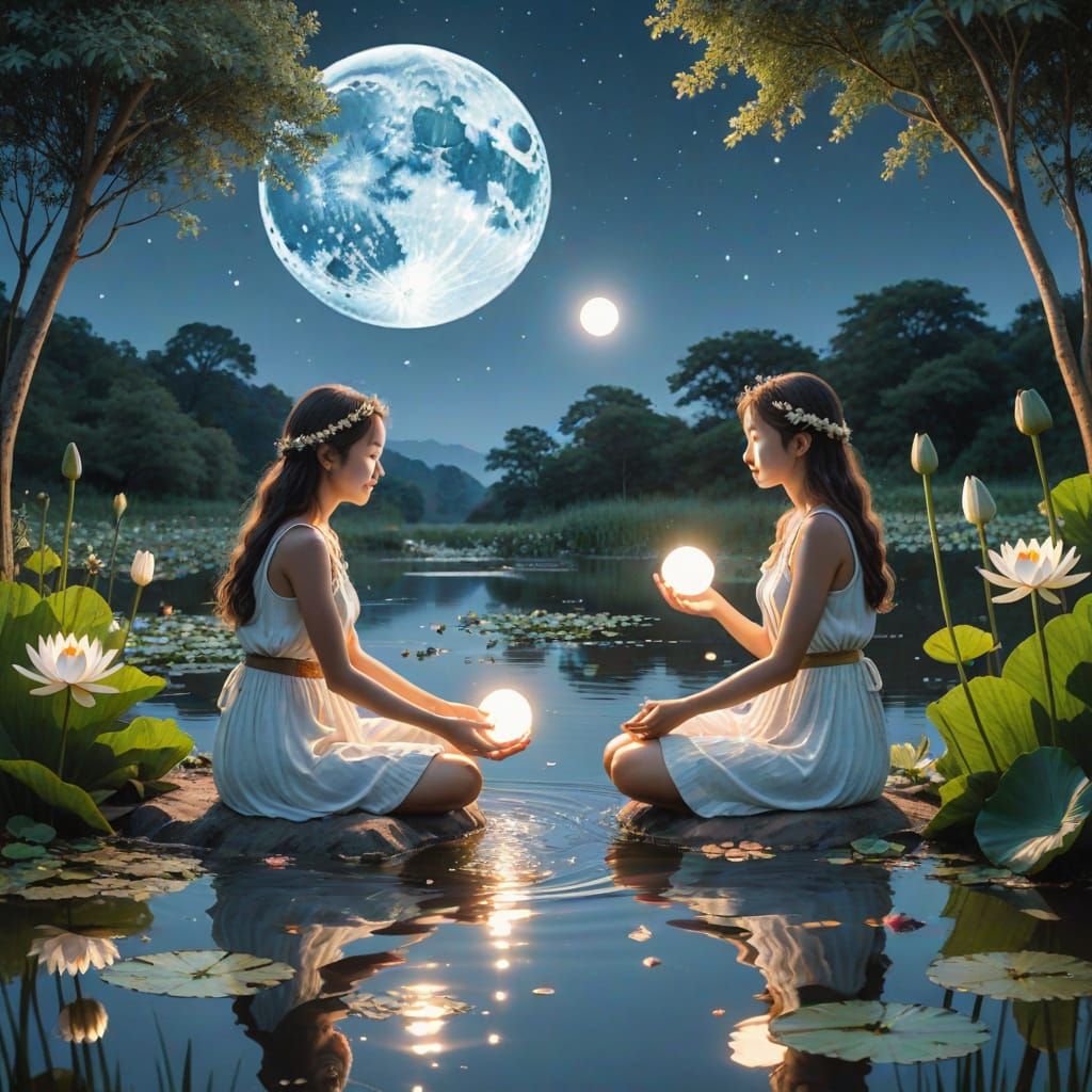 Moonlit Twin Goddesses in Cosmic Harmony