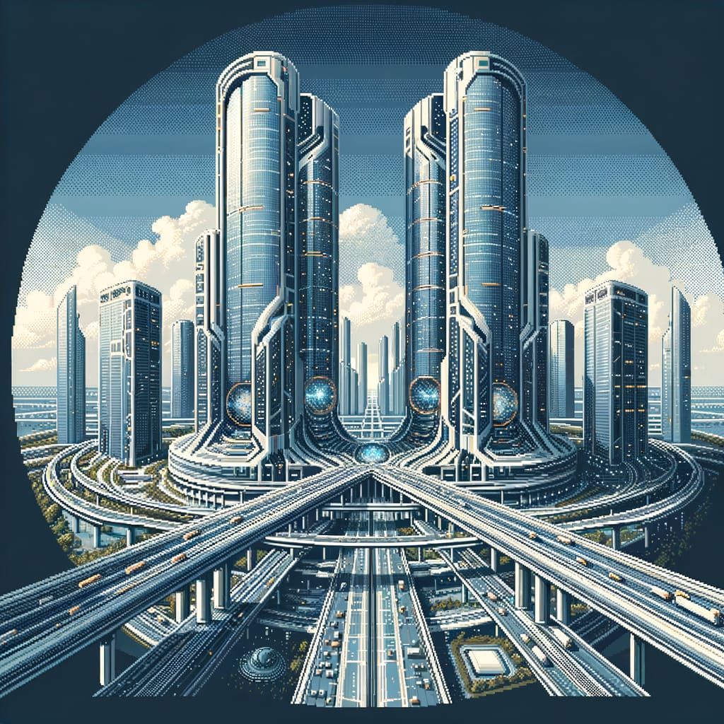 Futuristic Glass Skyscrapers in 8-bit Pixel Art