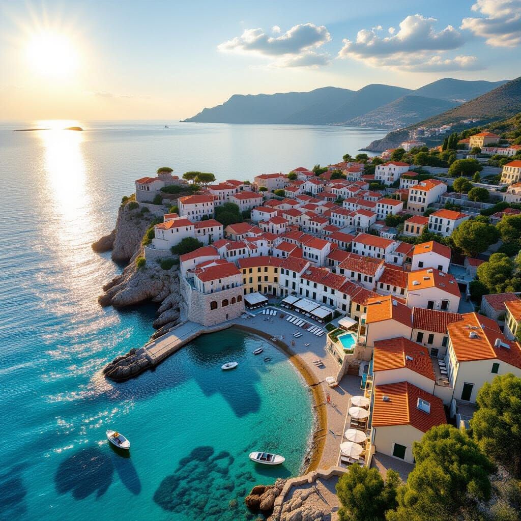 Aerial View of Mediterranean Village by the Sea
