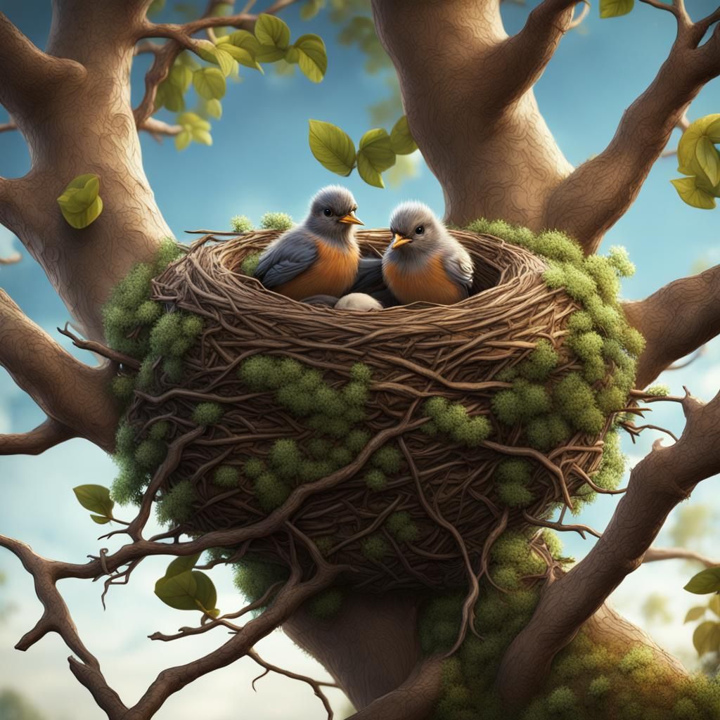 Bird Nestlings in Tree: Fantasy Concept Art